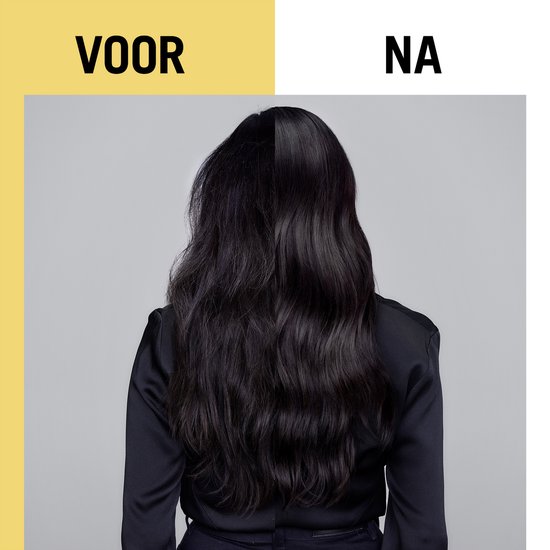 Comparaison de cheveux avant et après l'utilisation du masque capillaire Gliss. Avant : cheveux longs, sombres et ondulés. Après : toujours cheveux longs, sombres et ondulés.