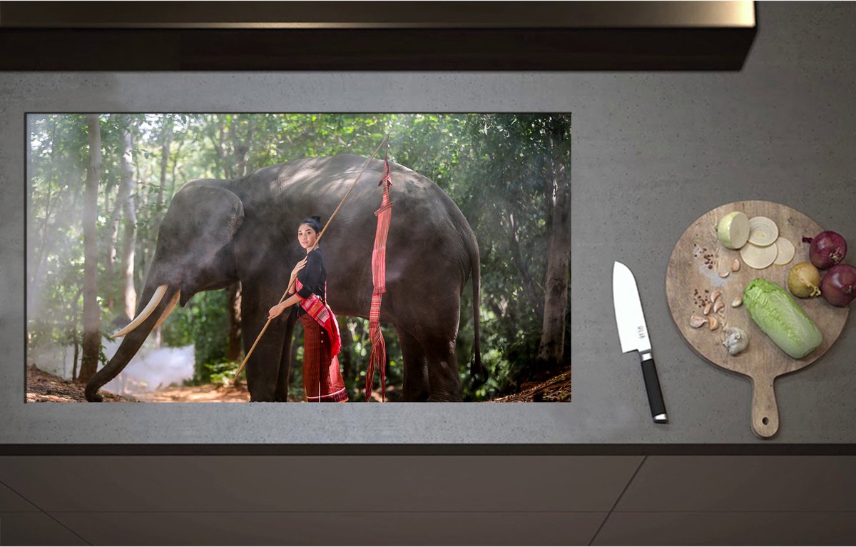 Inductieplaat Beschermer - Aziatische Vrouw bij Olifant in het Bos - 95x51 cm - 2 mm Dik - Inductie Beschermer - Bescherming Inductiekookplaat - Kookplaat Beschermer van Zwart Vinyl