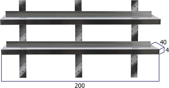 HCB® - Professionele Wandschap van metaal - Dubbel wandschap - RVS - Muurplank - wandplank - Horeca - 200x40x4 cm (BxDxH)