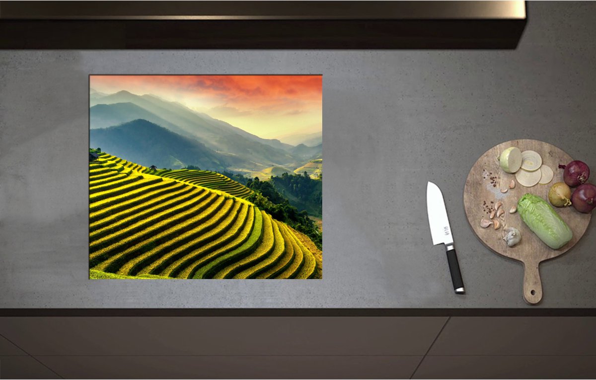Inductieplaat Beschermer - Bergen in Indonesië Vol Rijstvelden - 59x52 cm - 2 mm Dik - Inductie Beschermer - Bescherming Inductiekookplaat - Kookplaat Beschermer van Wit Vinyl