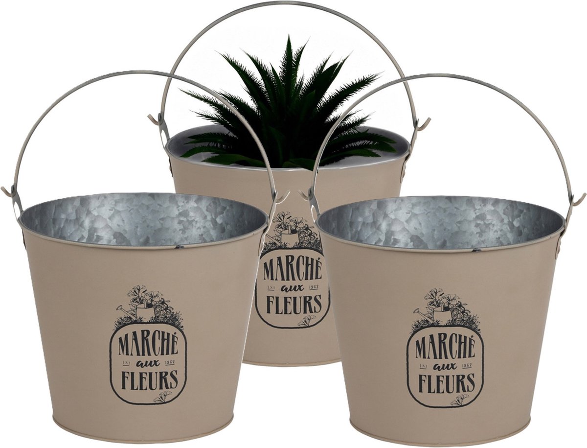 Goedkoopste Sunnydays Emmer/plantenpot/bloempot - 3x - zink - taupe - D24 x H19 cm