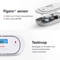Close-up van een witte rookmelder. Met tekst: Figaro sensor, werkt 10 jaar, meet vanaf 30 PPM. Ook de binnenkant van de melder is zichtbaar.