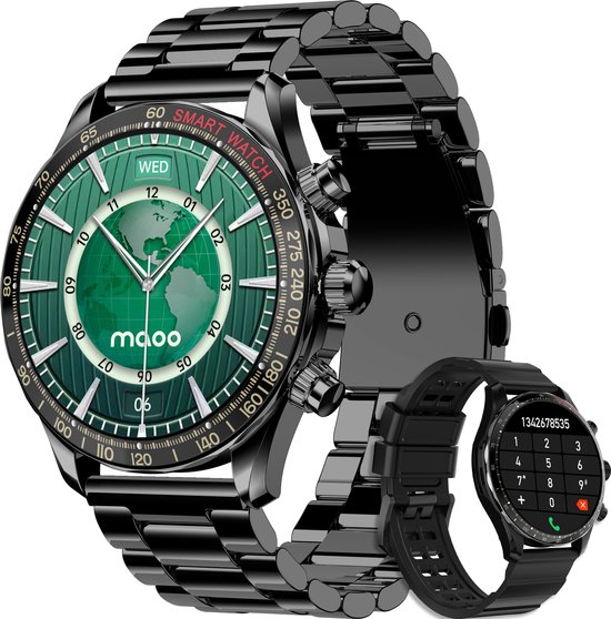 Maoo Titan AMOLED Smartwatch Heren - Vaderdag Cadeau - Stainless Steel en TPU bandje - Stappenteller - Hartslagmeter - Slaapmonitor - Multisport - Geschikt voor Android en iOS - Zwart