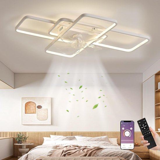 LuxiLamps - Moderne Plafondlamp LED Ventilator - Dimbaar Met Afstandsbediening & App - Wit - Smart Lamp - LED Kroonluchter Ventilator - 72 cm