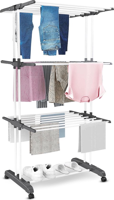 Vonia Wasrek - Droogrek - Droogtoren - Wastoren - 3 Lagen - Inklapbaar - 72x50x172 cm - Wit