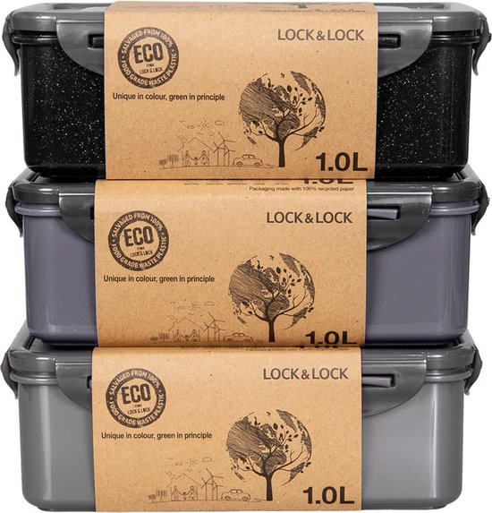 Conteneurs frais Lock&Lock ECO | Boîtes de conservation alimentaire - 1 litre - Durable - Zéro déchet - 100% plastique recyclé - Set de 3 pièces