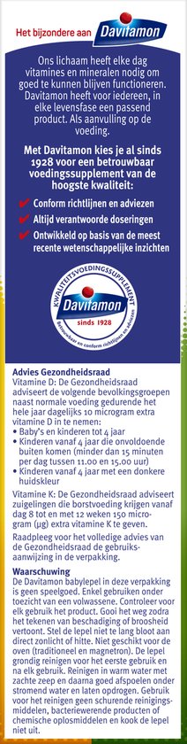 Informatie over Davitamon vitamine D en K olie voor baby's en kinderen.
