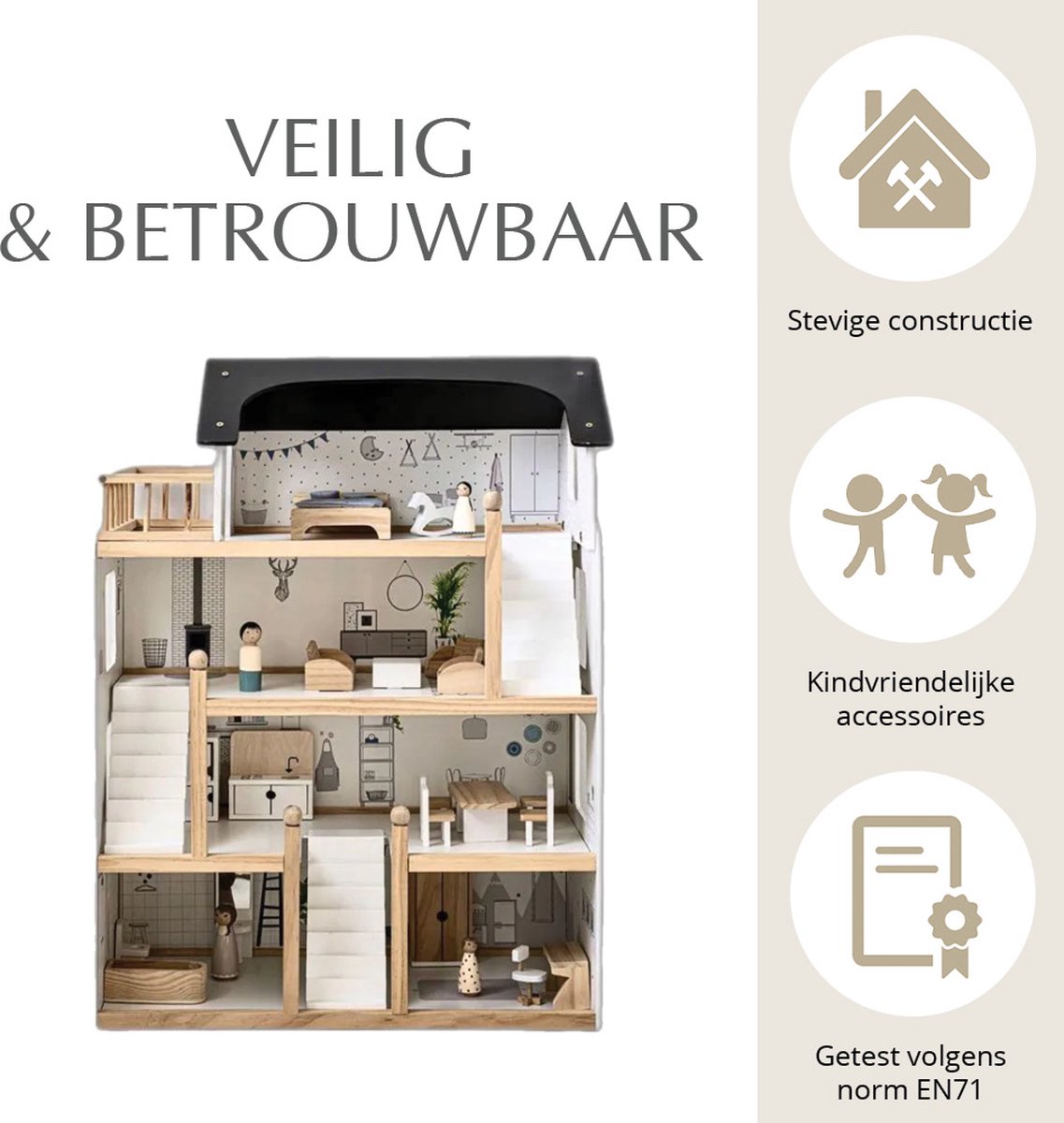 Petite Amélie Houten Poppenhuis - Zwart, grijs en wit - H.80 cm - Incl. 19 Poppenhuis Meubels – Voor een moderne speelwereld vol avonturen — afbeelding 8