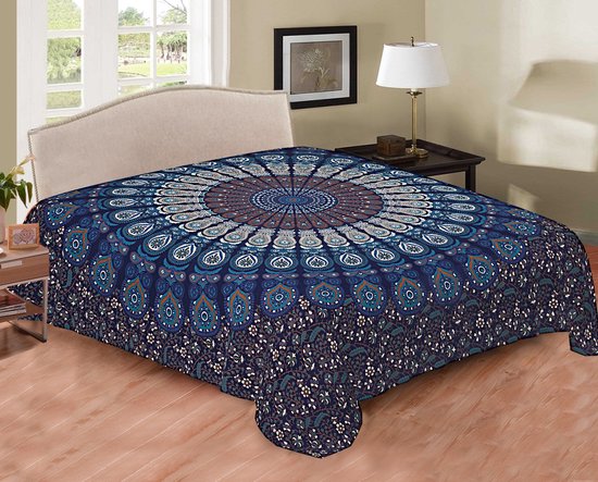 2 persoons bedsprei - 100% Duurzaam katoen - zomer laken - koele sprei - Blauw/Lichtblauw - mandala - decoratie slaapkamer