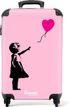NoBoringSuitcases.com® - Handbagage koffer lichtgewicht - Reiskoffer trolley - Meisje met wegvliegende roze hartjesballon - Rolkoffer met wieltjes - Past binnen 55x40x20 en 55x35x25