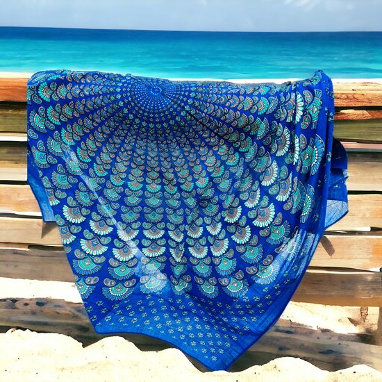 XL groot strandlaken - Mandala - Blauw/turquoise - Duurzaam katoen /polyester - 2 persoons stranddoek