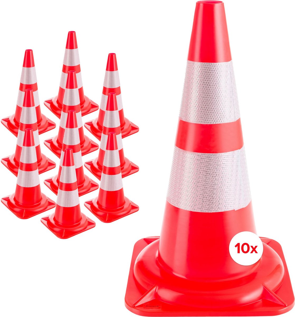 AREBOS 10x Verkeerskegels | Reflecterende waarschuwingsgeleiderkegels Oranje-Wit