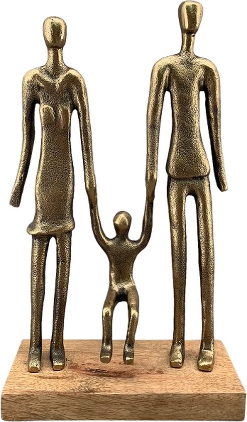 beeld gezin van drie gemaakt van aluminium en hout - koper/ brons kleur - 19x8x32 cm