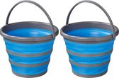 2x stuks opvouwbare/inklapbare emmers blauw/grijs - 10 liter - Vis emmers - Camping emmers - Strand emmers opvouwbaar