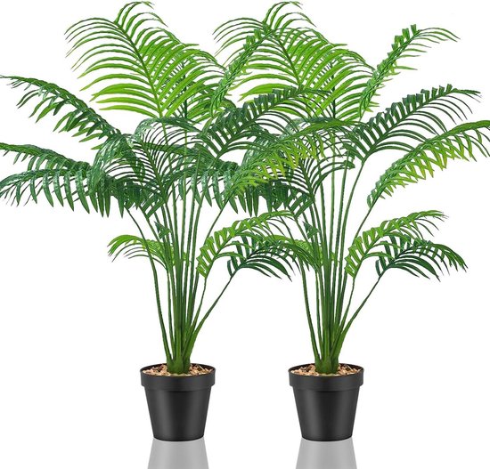 Set van 2 grote nepplanten voor binnen en buiten decor, inclusief kunstmatige palmboom - Lighterday deco (2 potten met gele palm) nep planten