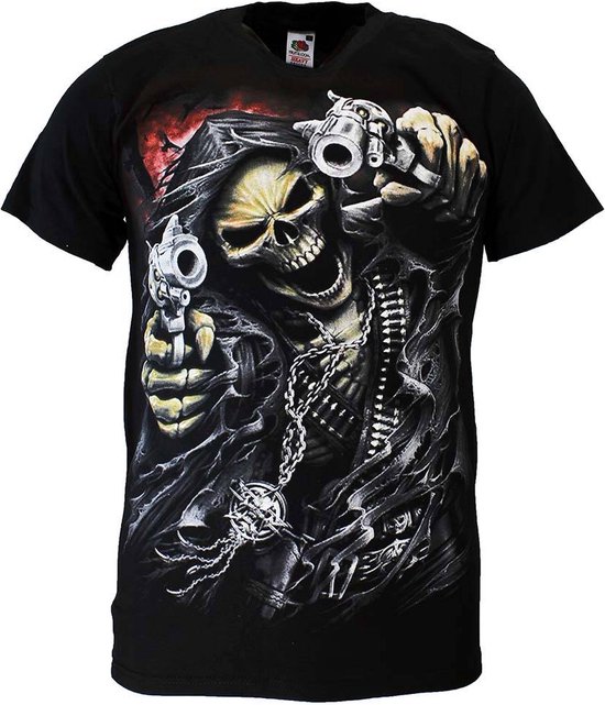 Reaper Skull T-Shirt 'Two Guns' Zwart/Rouge