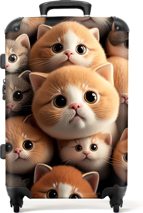 Zwarte kindertrolley met een vrolijke print van veel schattige kittens met grote ogen.
