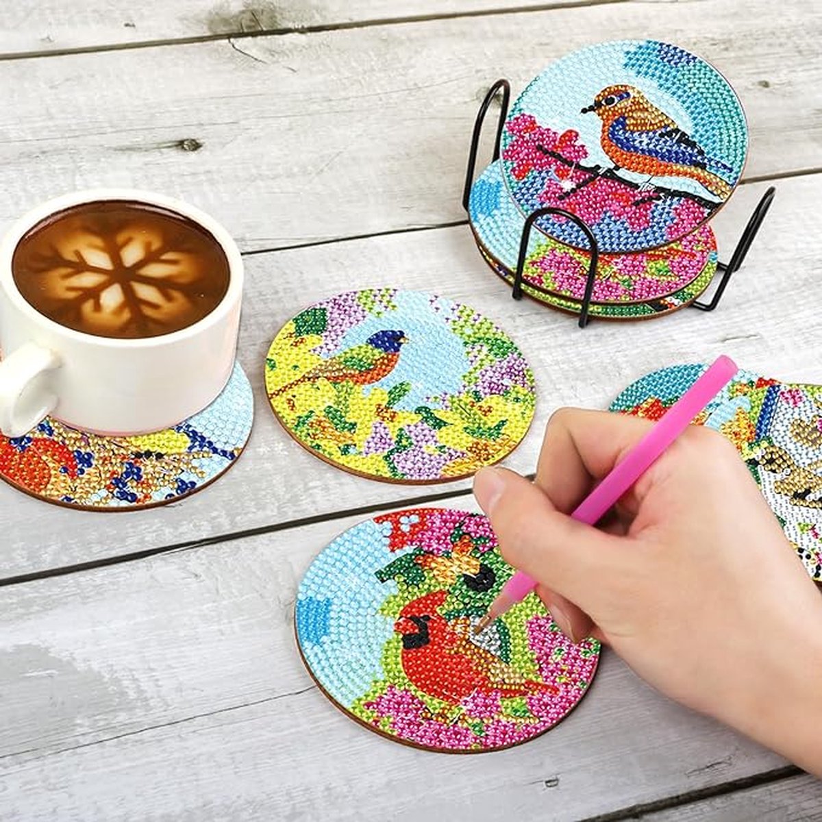 F4B Diamond Painting Onderzetters Vogels – 8 Stuks – Met Houder – Ø10 cm — afbeelding 9