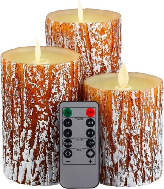 LED Kaarsen 3 stuks-Batterijkaarsen, zuilkaarsen Werkt op batterijen met afstandsbediening en timer-pijnboomschors