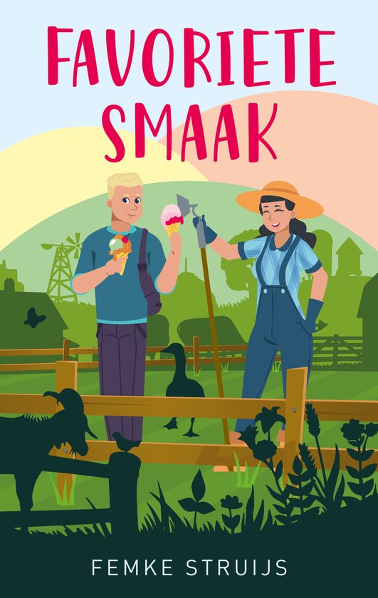 Een jongeman en een vrouw in tuinbroek en strooien hoed, met een ijsje in de hand, op een boerderij