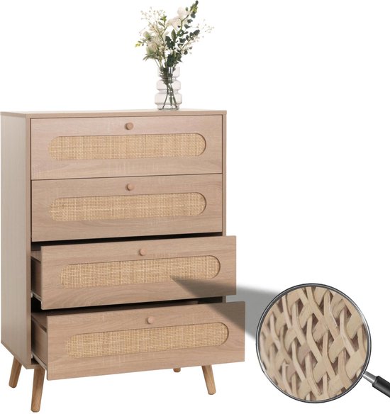 Ladekast MCW-M38, kast dressoir highboard, Kubu rotan hout, 101x71x42cm eiken-look