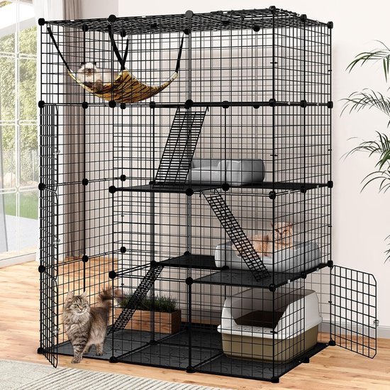 Kattenkooi - Kattenren - Kattenhuis Binnen en Buiten - Kattenbench met Ladders en Hangmat - 104x70x140CM - Zwart