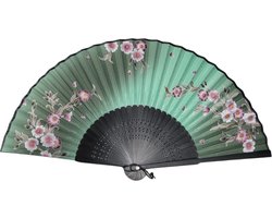 handwaaier - waaier festival - spaanse waaier - chinese waaier - handwaaier bamboe met bloemen print - groen 1 stuks - oDaani