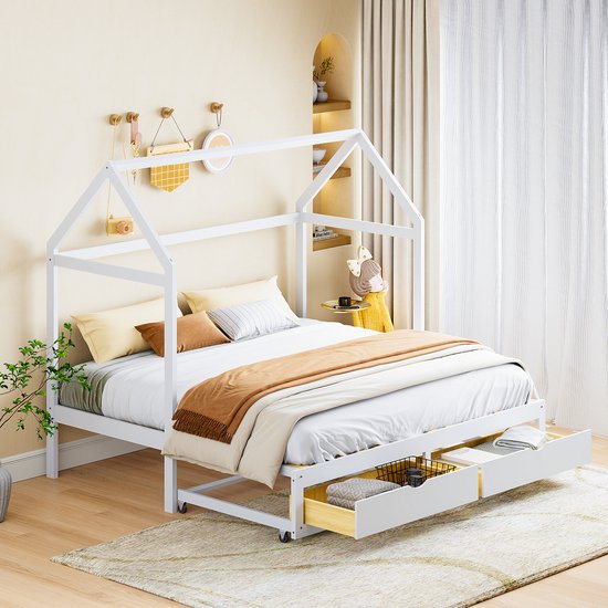 Sweiko Uittrekbare kinderbed, slaapbank 90/180 x 190 cm met lades en lattenbod, bedbank, bed in dennenhout met opbergruimte, wit