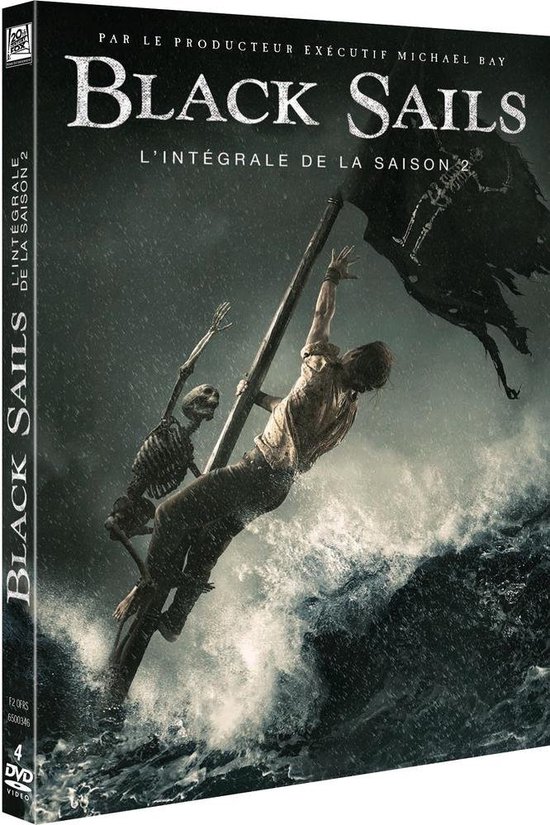 DVD-hoes met een skelet en een man in een stormachtige zee, 'Black Sails L'intégrale de la Saison 2'.