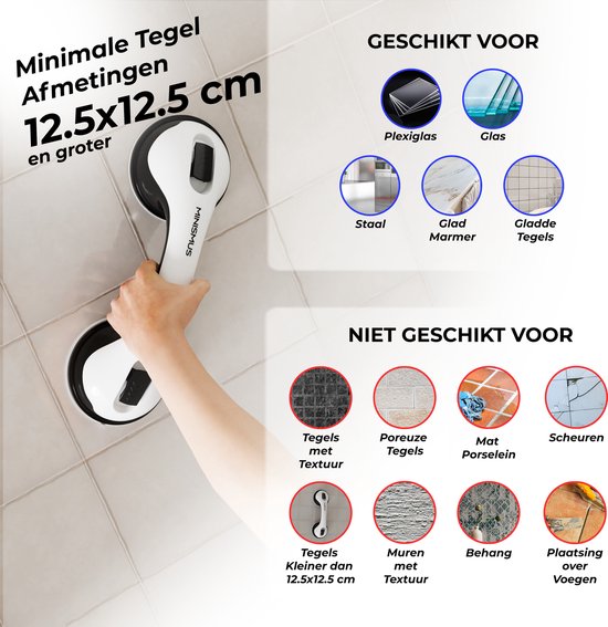 Wit met zwarte handgreep op een betegelde muur, met informatie over geschikte en ongeschikte ondergronden.
