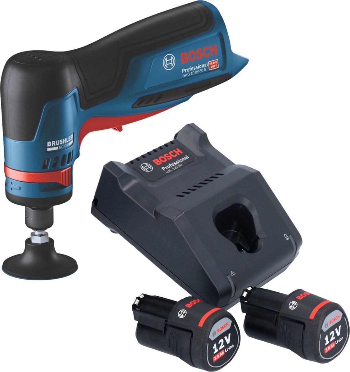 Bosch GWG 12V-50 S Professionele rechte accuslijpmachine 12 V 6 mm borstelloos + 2x accu 3.0 Ah + lader