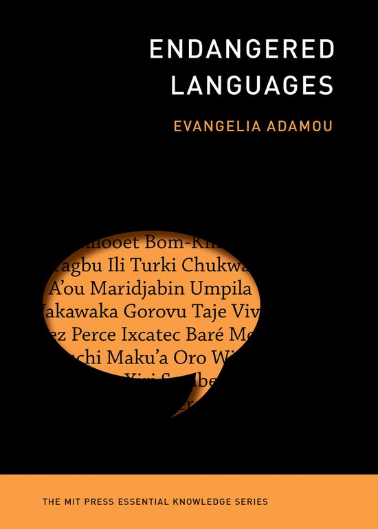 Boekomslag met de titel 'Endangered Languages' in grote letters, met daaronder 'Evangelia Adamou'. Een spraakballon toont diverse woorden in verschillende talen.