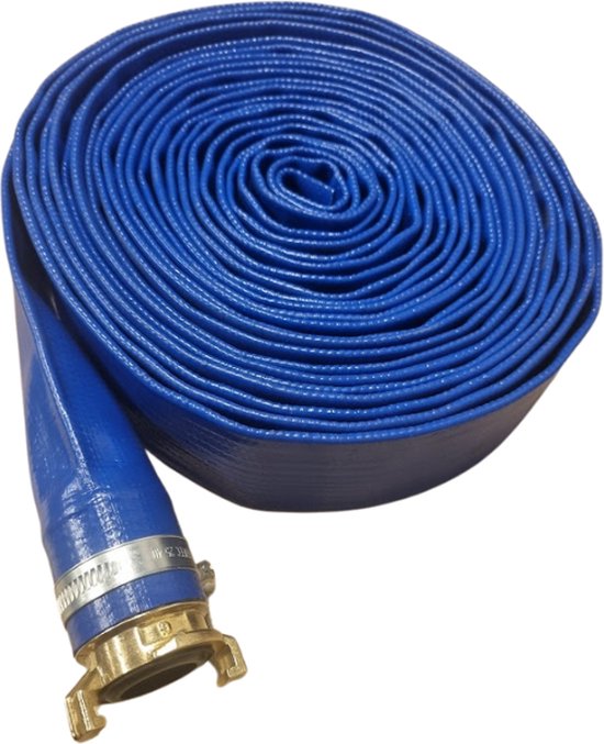 10 meter blauwe, plat oprolbare PVC slang met gemonteerde messing Geka koppeling.