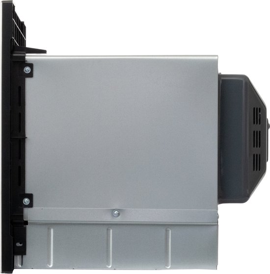 Zijaanzicht van een ingebouwde magnetron met ventilatie aan de achterkant.