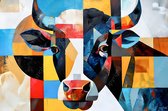JJ-Art (Glas) 60x40 | Koe / stier, abstract, kubisme, kleurrijk, kunst | dier, hoofd, koe, stier, rood, bruin, blauw, geel, wit, modern | Foto-schilderij-glasschilderij-acrylglas-acrylaat-wanddecoratie