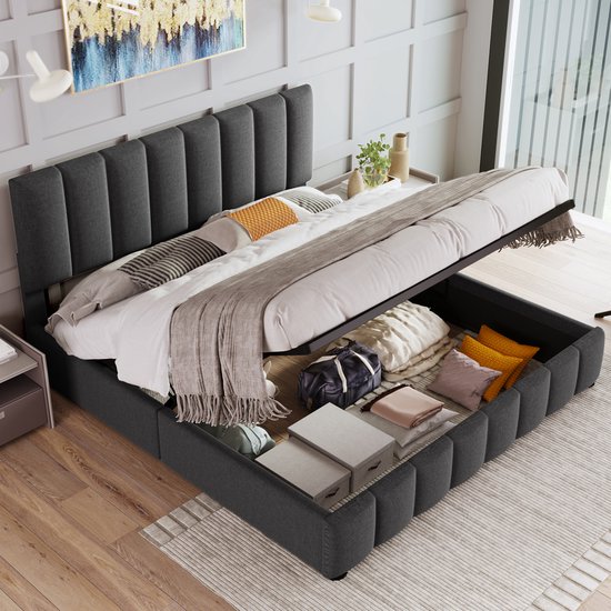 Gestoffeerd bed Cloud 160x200 beige - opbergruimte voor beddengoed, houten lattenbodem, doorgestikt hoofdbord en bedframe