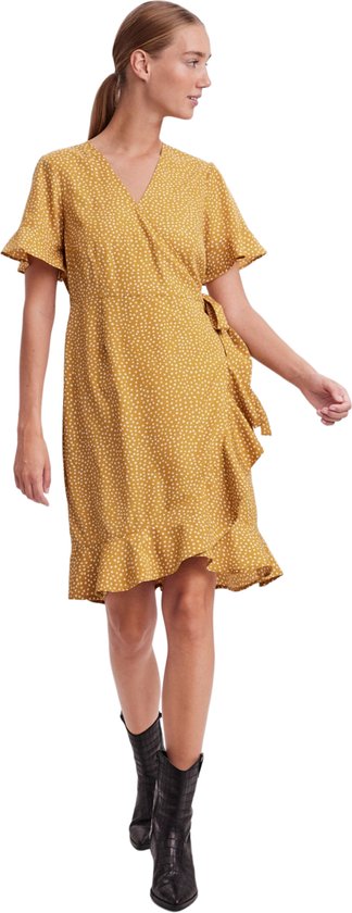 Vero Moda Robe Vmhenna Robe portefeuille 2/4 à volants Noos 10252951 Harvest Gold Tiny Dots Femme Taille - L