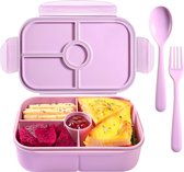Bento Box broodtrommel voor kinderen voor volwassenen en kinderen, lunchbox met 4 vakken, magnetronbestendig, koelkastbestendig (met lepel en vorkset, lichtpaars)
