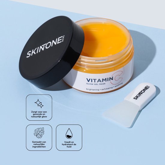 Gouden gelmasker met deksel en spatel. Iconen met "Zorgt voor een gezonde en natuurlijke glow", "Gemaakt van natuurlijke ingrediënten", "Voedt en hydrateert de huid".