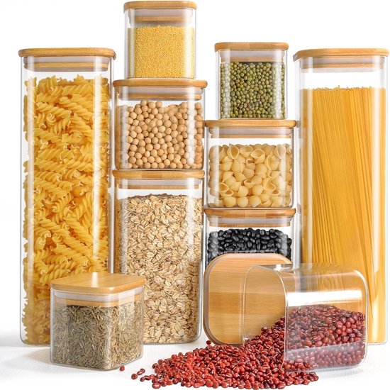 TALK-POINT Voorraaddozen van glas met bamboedeksel, voorraadpotten, glazen container, 550 ml - 2500 ml, luchtdicht, vaatwasmachinebestendig, mottenbestendig (1800 ml