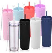 Drinkbeker met deksel en rietje, dubbelwandige, herbruikbare reisbeker, BPA-vrij, mat, pastelkleuren, acryl-plastic beker voor cadeau, ijskoffie (gesorteerd, 8 stuks)
