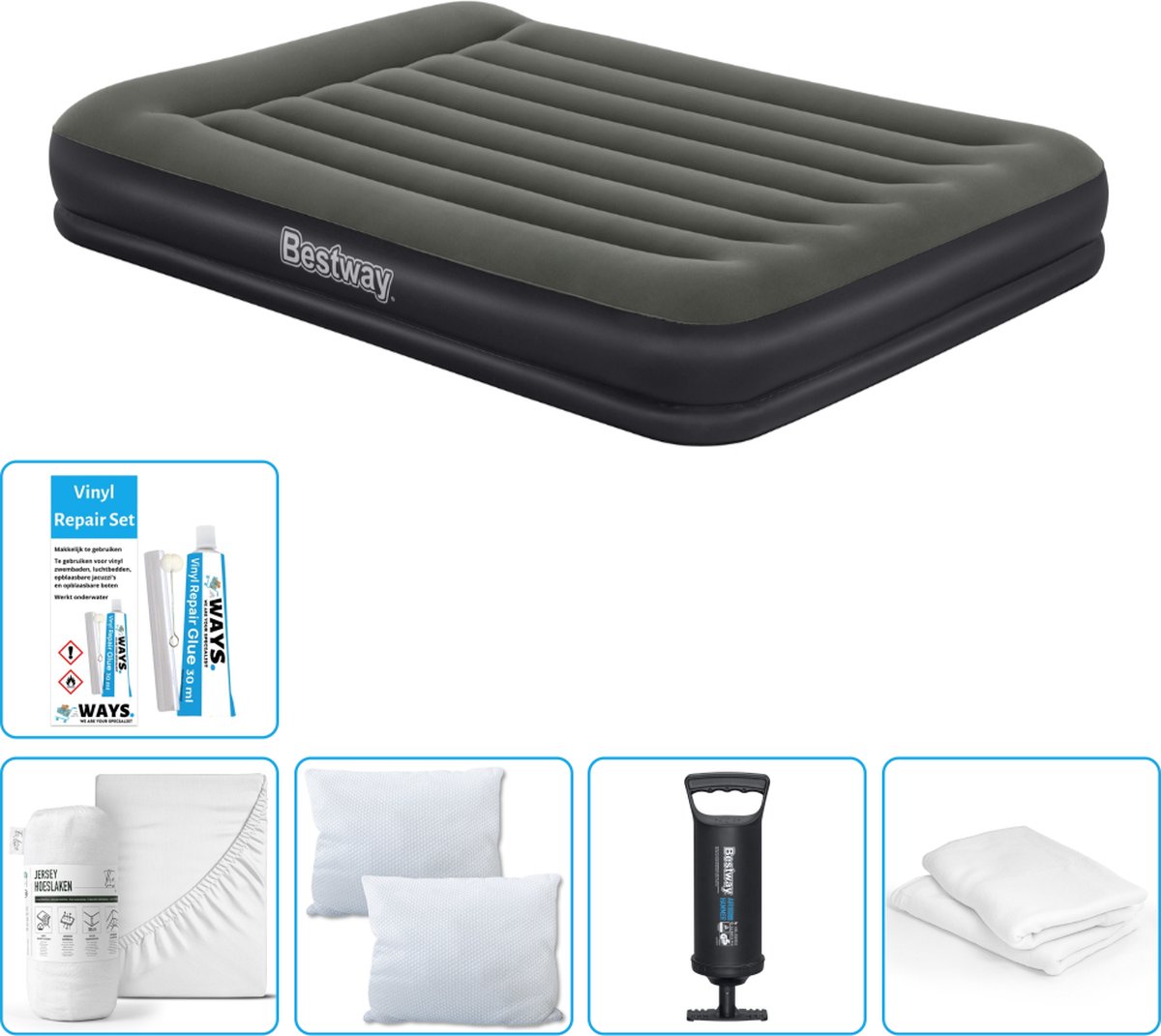 Bestway luchtbed - 2-Persoons - 152 x 203 x 36 cm - Groen - Inclusief Hoeslaken - Kussen - Kussenbeschermer - Pomp en Reparatieset