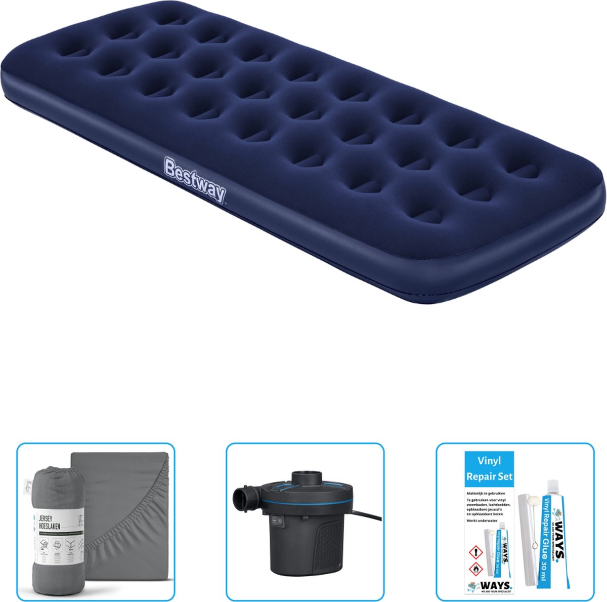 Bestway luchtbed - 1-Persoons - 76 x 185 x 22 cm - Blauw - Inclusief Hoeslaken - Pomp en Reparatieset