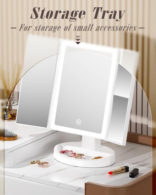 Make-upspiegel, vergrotingsspiegel, drievoudige tafelspiegel, natuurlijk licht instelbaar, dubbele voeding