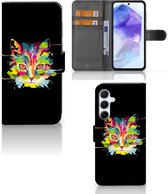 Wallet Book Case Geschikt voor Samsung Galaxy A55 Smartphone Hoesje Cat Color Leuke Verjaardagscadeaus