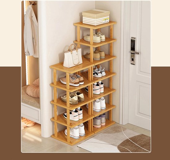 Foto: Schoenenrek van 7 lagen smal en hoog 25 x 23 x 115 cm bamboe voor ingang woonkamer slaapkamer ruimtebesparend