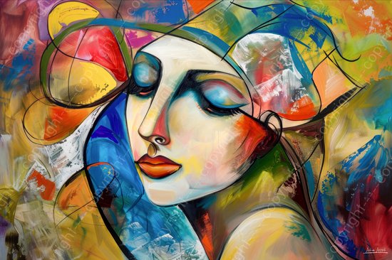 JJ-Art (Glas) 120x80 | Vrouw met muts, hoed, abstract, vintage stijl, kleurrijk, kunst | mens, gezicht, rood, bruin,geel, groen, bruin, blauw, modern | Foto-schilderij-glasschilderij-acrylglas-acrylaat-wanddecoratie