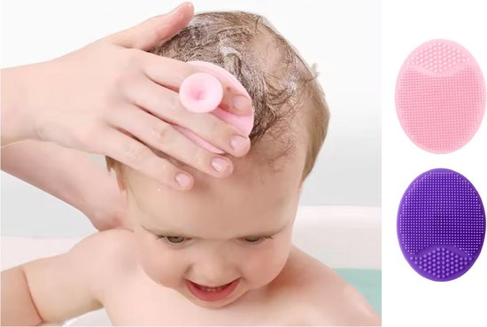 Foto: 2 stuks baby siliconen massage borstel spons hoofdhuidje wassen roze en paars