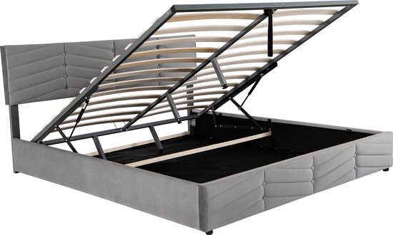 Sweiko Lit rembourré, lit double, lit fonctionnel hydraulique, velours, style rayé, lit Continental , tête de lit réglable en hauteur, 180 x 200, Grijs