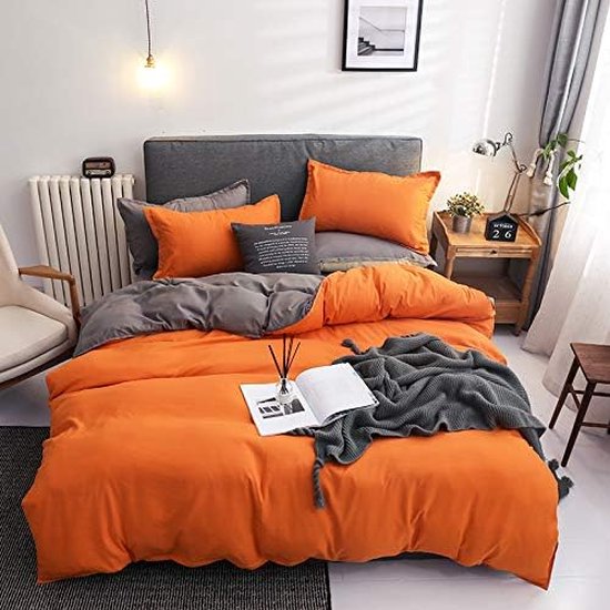 Beddengoed, 220 x 240 cm, oranje-grijs, omkeerbaar, 3-delige set, zachte microvezel, dekbedovertrek met ritssluiting en 2 kussenslopen 80 × 80 cm